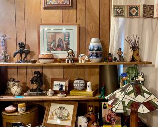 REMINGTON STATUES, ACOMA POTTERY, STAINED GLASS MISSION STYLE LAMPS, NATIVE AMERICAN POTTERY, ART, FIGURINES AND MORE