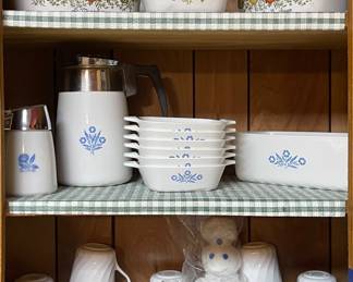 CORNING WARE, CORNFLOWER BLUE COFFEE POT & CASSEROLE DISHES, CORNING WARE COUNTRY FESTIVAL