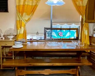 VINTAGE WOOD KITCHEN TABLE WITH 2 BENCHES