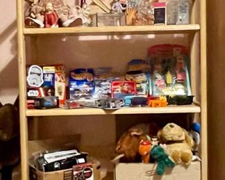 BOOKSHELF, OLD DOLLS, MATCHBOX CARS