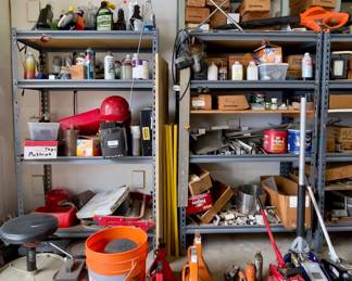 METAL SHELVES, ROLLING GARAGE STOOL, JACKS, JACK STANDS