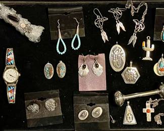 NATIVE AMERICAN STERLING SILVER JEWELRY, INLAID WATCH BANDS, STERLING SILVER BABY RATTLE