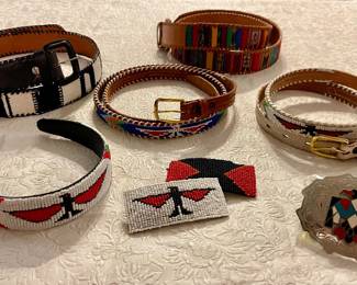 SOUTHWEST BELTS, NATIVE BEADED HEAD BAND AND BARRETTES, VINTAGE CHILDREN'S BEADED BELTS, INLAID THUNDERBIRD BELT BUCKLE