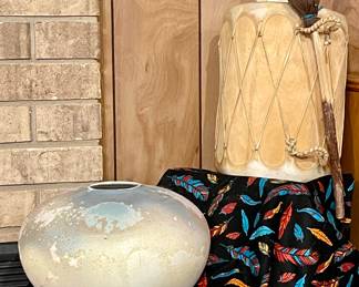 OLD NATIVE AMERICAN SIGNED POTTERY, NATIVE AMERICAN DRUM