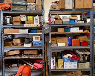 PARTS AND TOOLS, FUEL CAN, METAL SHELVES