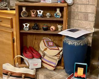 SOUTHWEST STYLE PURSES, NATIVE AMERICAN POTTERY , MOCCASINS, MORE NATIVE AMERICAN POTTERY INCLUDING WEDDING VASES, MONMOUTH ART POTTERY VASE