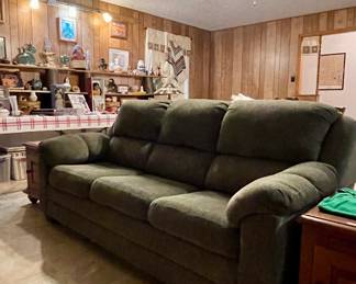 OLIVE GREEN UPHOLSTERED SLEEPER SOFA, END TABLES