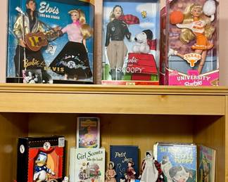 VINTAGE ELVIS BARBLE, BARBIE AND SNOOPY, UNIVERSITY OF TEXAS BARBIE, CHILDREN’S BOOKS AND FIGURINES