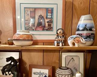 NATIVE AMERICAN SIGNED POTTERY, NA JEMEZ POTTERY STORY TELLER FIGURINE, REMINGTON STATUE, PENA PRINTS, NATIVE AMERICAN BOOKS