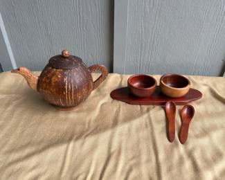 Vintage Wooden Tray With Bowls And Spoons And Teapot