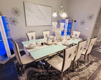 Versace custom dining table/set with side curios with blue LED lighting