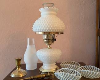 Milk Glass Hobnail Table Lamp with Original Chimney