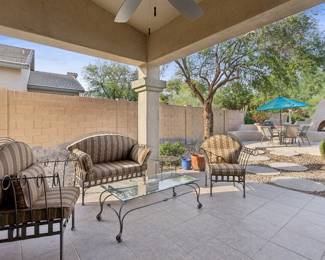 Iron Patio Set: Loveseat 3 High-Back Armchairs Glass Coffee Table Glass Console Table Square side table