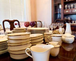 Lenox Dimension collection "Eternal" bone with gold rim. Set includes: dinner plate (14), salad plate (12), bread and butter plate (12), salad bowl (6), coupe soup bowl (4), grande serving bowl (1), coffee cup (6) and saucer (7), demitasse cup (3) and saucer (3), tall coffee mugs (2), Hayworth creamer (1)