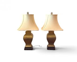 209 SculpturalCurvedBrassTableLampswMatchingShadesWoodBases