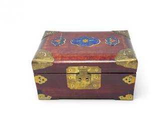173 VintageChineseWoodBrassJewelryBoxwEnamelMedallions