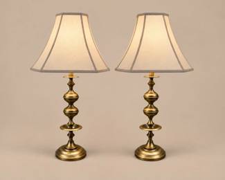 51 PairLargeBulbousTurnedBrushedBrassTableLampswFabricShades