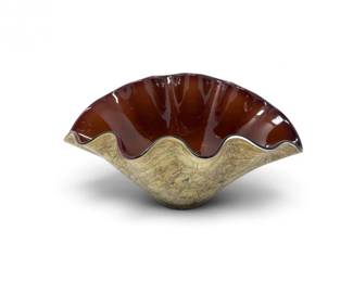158 LargeFreeFormWavyArtGlassBowlBrownGold