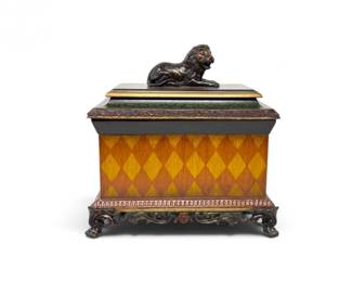 79 LionFiguralWoodJewelryBoxwVelvetLiningBrassRingHandles