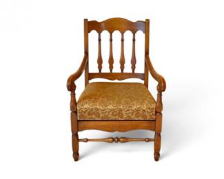 186 VintageWoodArmchairwTurnedSpindlesFloralUpholsteredSeat