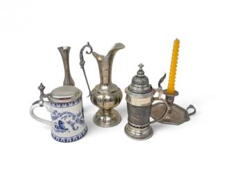 219 VintageGermanPewterBeerSteinsPitcherChamberCandlestick