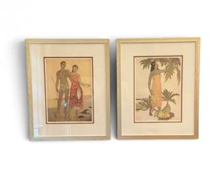 211 VintageJohnKellySignedHawaiianArtPrintsFishermanBreadFruit