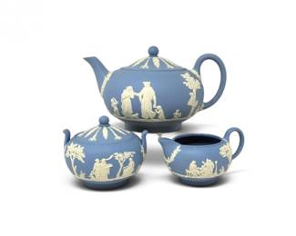 52 VintageWedgwoodBlueJasperwareTeapotCreamerSugarBowlSet