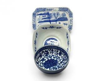 98 3BlueWhiteChinesePorcelainBowlsScenicServingTray