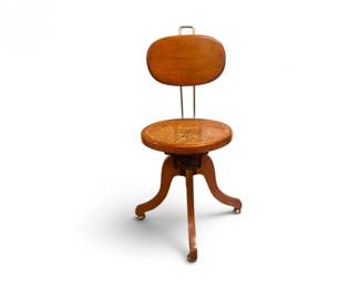 43 VintageWoodAdjustableSwivelDeskChairwCaneSeatMetalBack