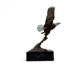 87 SignedBronzeEagleCatchingSalmonSculptureonStoneBase