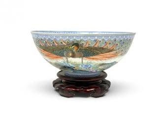 164 ChineseHandPaintedEggshellPorcelainBowlwBirdsDragonBase