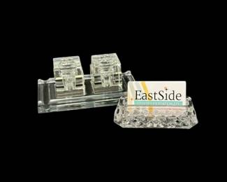210 VintageCutGlassDoubleInkwellDeskSetwBusinessCardHolder