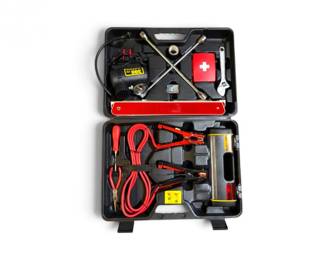 297 AutoEmergencyToolKitwAirCompressorJumperCablesFirstAid
