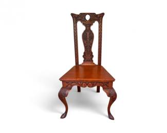 26 AntiqueCarvedWoodHighBackChairwCabrioleLegsCushion