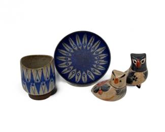 166 VintageDanishPotteryDishCupw2MexicanPotteryBirdFigures