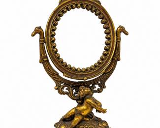 165 VintageSolidBrassSwivelVanityMirrorwCherubFiguralBase