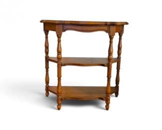 243 VintageWoodHalfMoonConsoleTablew2ShelvesTurnedLegs