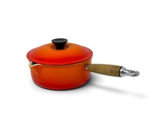 91 VintageLeCreusetOrangeEnamel1QtSaucepanwLidWoodHandle