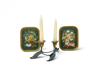 175 VintageDoubleBrassLilyCandlestickHolderw2FramedNeedleworks