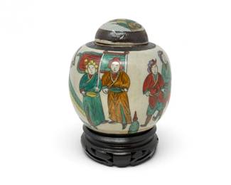 182 VintageChineseHandPaintedClayGingerJarwLidWoodStand