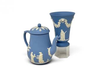 31 VintageWedgwoodBlueJasperwareCoffeePotVaseEngland