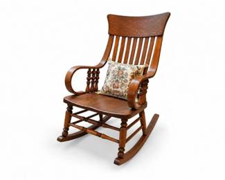 78 AntiqueTigerOakBentwoodRockingChairwNeedlepointPillow