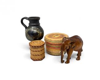 171 WovenBasketsSolidWoodElephantHandcraftedPotteryPitcher