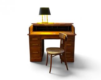 183 VintageSolidWoodRollTopWritingDeskw7DrawersCaneChair