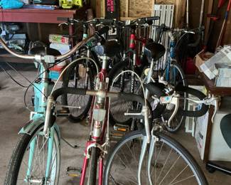 6 bikes, 2 mountain & 3 road including Trek & Giant, 1 repro vintage Schwinn