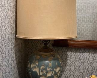 Vintage Phoenix Consolidated Glass "Lovebirds" art deco molded glass lamp and two vases in a blue and white relief design featuring pairs of birds.