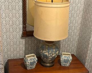 Cherry chest by Park; vintage Federal-style wooden wall mirror; Vintage Phoenix Consolidated Glass "Lovebirds" art deco molded glass lamp and two vases in a blue and white relief design featuring pairs of birds.