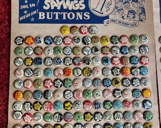 Four vintage 1940s "Snappy Sayings" pinback button display cards and salesman samples from the Green Duck Company.