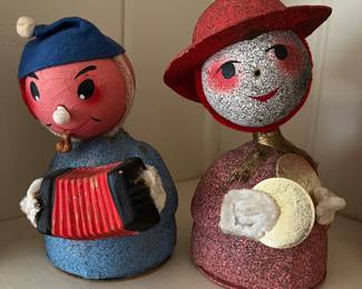 Vintage mid-century Putz-style cardboard, mica, and spun-cotton musical elf or gnome figurines, likely made in Japan.