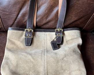 Tan suede Coach lunch tote.